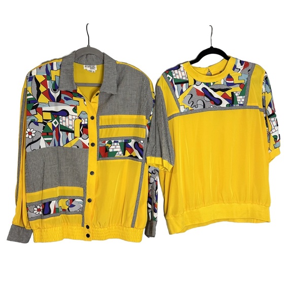 Vintage Brownstone Studio Blouse Jacket Set Yellow 2X Memphis Style Geometric - Picture 1 of 9